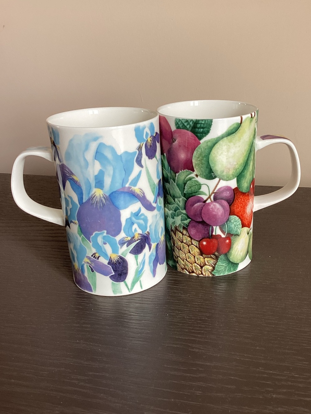 Floral & Fruit Pattern Porcelain Mugs - Blue Iris and Multicolor Fruit
